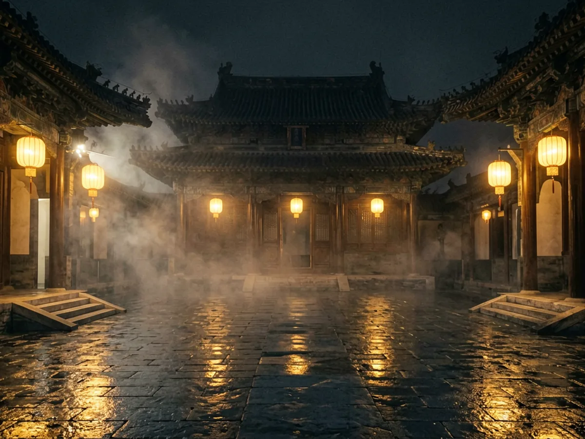 夜色中的中式宫苑庭院与灯笼暖光倒影